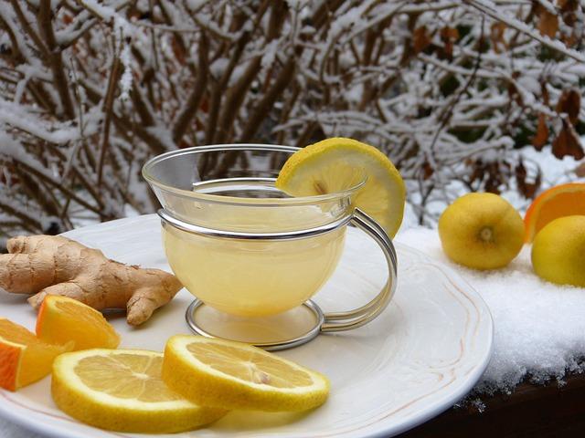 ginger, hot lemon, tea, lemon, snow, juice, cold, nature, defense, health, immune system, vitamins, healthy, flu, winter, prevent