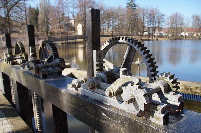 floodgate, pond, gear, bike, mechanism, regulation, water, dam, nature, the pond